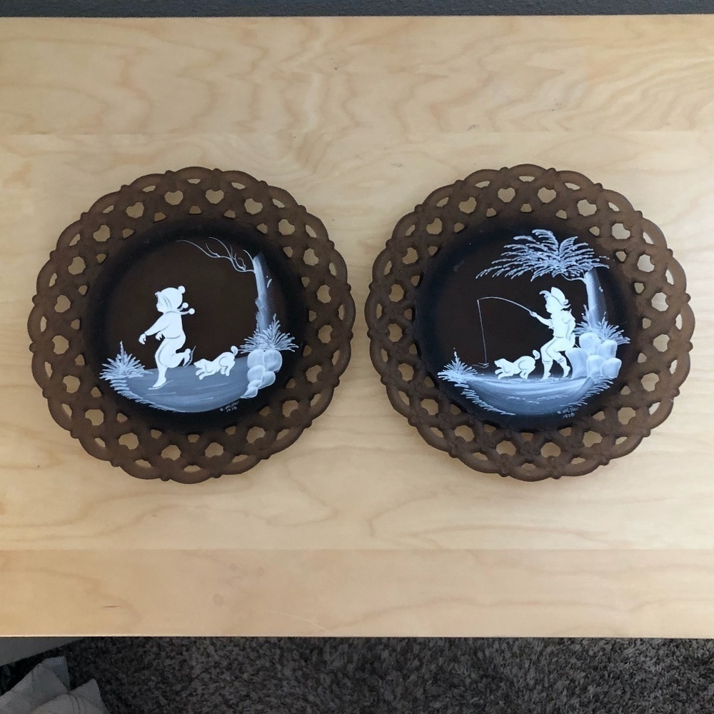 Vintage S. MILLER 1978 Hand Painted Glass Winter & Summer Plaques Wall Hangings